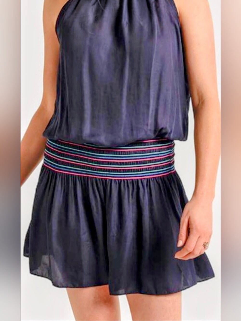 Bolte Dark Blue Silky Smocked Waist  Mini Dress. Size M.